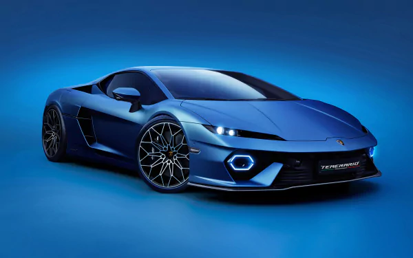 A stunning blue Lamborghini Temerario parked against a vibrant blue background, showcasing its sleek design and modern features in a 4K Ultra HD wallpaper.