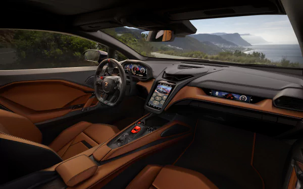 An HD wallpaper showcasing the luxurious interior of a Lamborghini Temerario, featuring sleek designs and high-tech dashboard elements against a scenic backdrop.