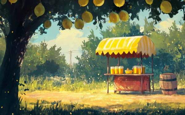 A vibrant lemonade stand under a lemon-laden tree, set against a sunny landscape. This HD wallpaper captures a cheerful summer scene.