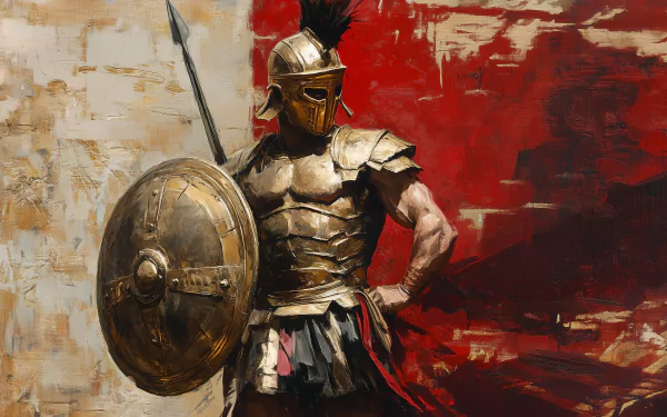 A striking HD desktop wallpaper featuring a Roman gladiator in armor, poised confidently against a bold red background, exuding strength and valor.