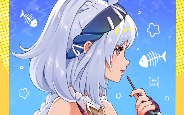 HD wallpaper featuring Mualani from Genshin Impact, illustrated with a vibrant blue background and playful fish designs, capturing her profile in a dynamic style.