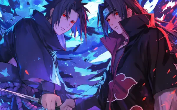 HD desktop wallpaper featuring Itachi Uchiha and Sasuke Uchiha from Naruto, highlighting the Uchiha Clan. A striking representation for fans of the series.