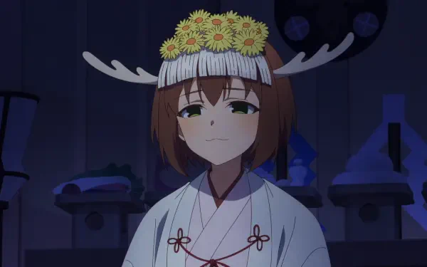 Anime-style HD desktop wallpaper featuring My Deer Friend Nokotan, also known as Noko Shikanoko, with antlers and a flower crown in a dimly lit room.