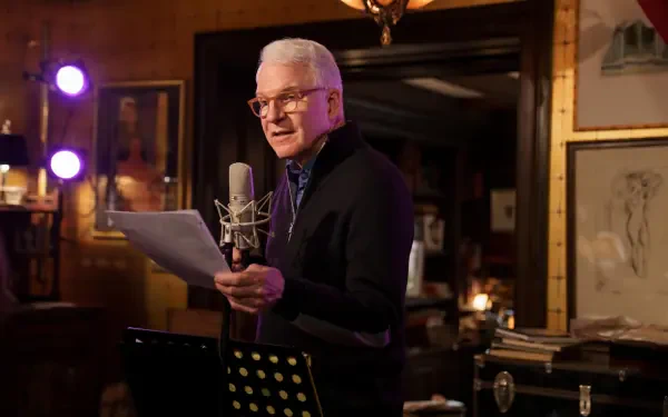 HD desktop wallpaper featuring scenes from the TV show Only Murders in the Building, highlighting Steve Martin in a stylish and engaging design. Perfect background for fans.