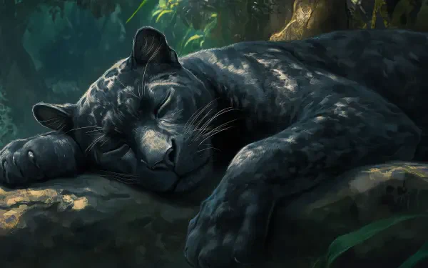 A black panther peacefully sleeping, captured in stunning detail, creating a captivating HD desktop wallpaper and background.