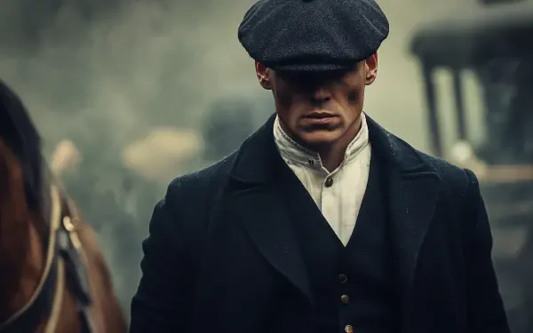 A brooding character from the TV show Peaky Blinders wears a beret, walking through a misty scene with a vintage horse-drawn carriage in the background. HD wallpaper.