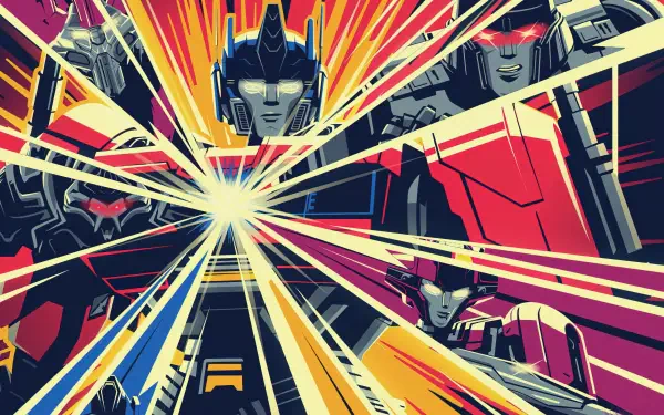 HD PC desktop wallpaper featuring bold, stylized artwork of Transformers One characters with dynamic lines and vibrant red, yellow, and black colors.