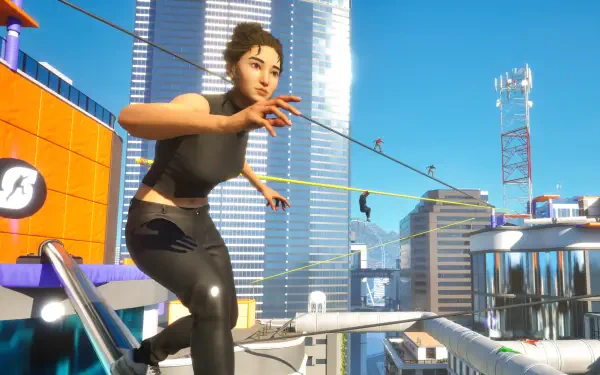 A character performs an action-packed supermove across a tightrope in a vibrant, high-rise cityscape, showcasing dynamic gameplay in this HD desktop wallpaper.