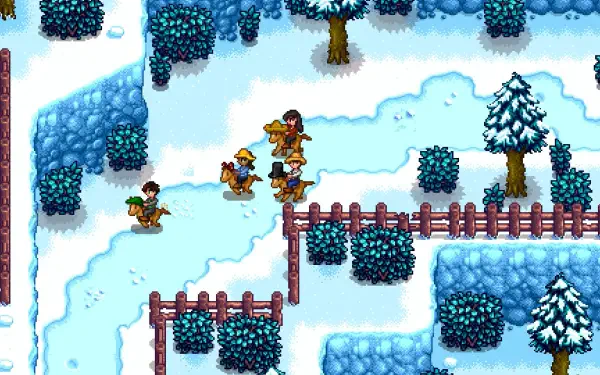 A vibrant HD desktop wallpaper featuring pixel art from the video game Stardew Valley, showcasing its charming farming landscape and colorful characters.