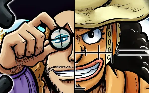 HD wallpaper featuring characters Van Augur and Usopp from the anime One Piece, showcasing their distinct expressions and vibrant colors in a dynamic composition.