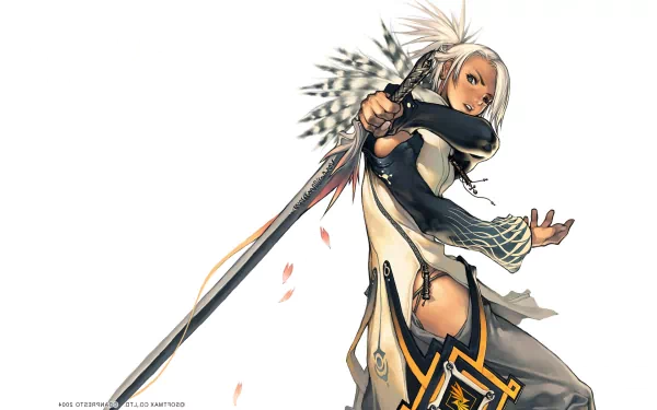 Magna Carta video game HD PC wallpaper: white‑haired female warrior in ornate armor and feathered accents, striking a dynamic pose while brandishing a long, decorative sword.
