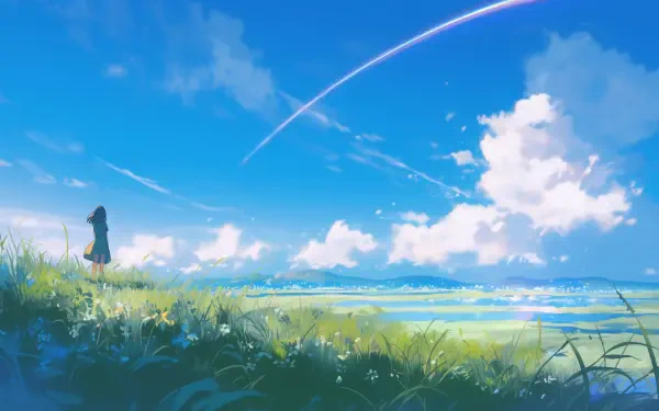 HD wallpaper featuring Mitsuha Miyamizu from the anime Your Name. Captures the essence of this beloved character in a vibrant and visually stunning background.