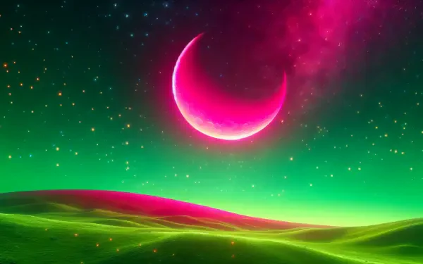 A vibrant HD desktop wallpaper featuring a crescent moon glowing over a surreal landscape with rolling hills and a starry night sky in shades of green and pink.
