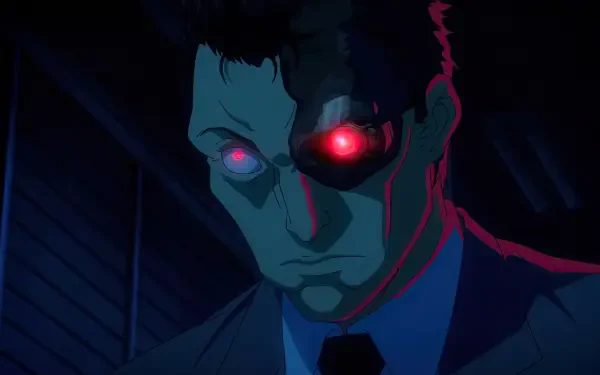 Anime-inspired HD desktop wallpaper featuring a character from Terminator Zero, showcasing a cyborg with a glowing red eye against a dark backdrop.