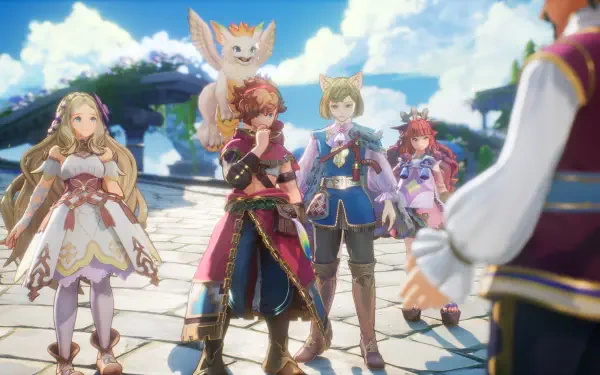 A vibrant HD wallpaper from the video game Visions of Mana, depicting a diverse group of characters in a colorful landscape, ready for adventure against a backdrop of blue skies and fluffy clouds.