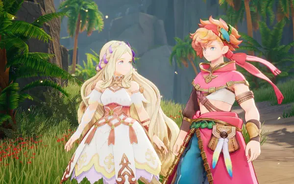 A vibrant HD wallpaper from the video game Visions of Mana, featuring two characters amid a lush, green landscape, exuding a sense of adventure and fantasy.