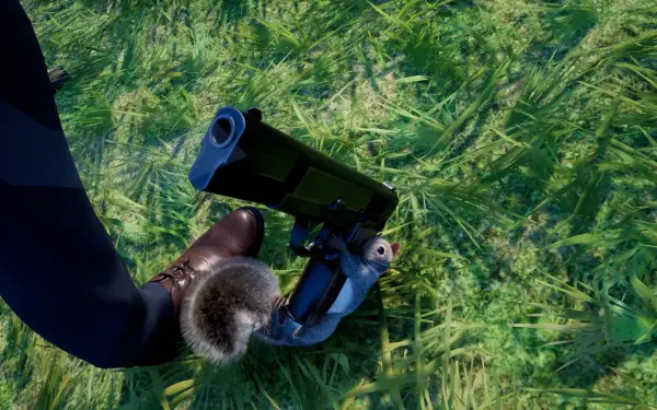 A whimsical HD wallpaper featuring a squirrel gripping a gun while standing on lush green grass, inspired by the video game Squirrel with a Gun.