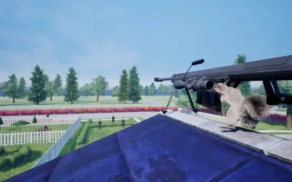 A high-definition desktop wallpaper featuring a playful squirrel wielding a gun, set against a vibrant outdoor landscape with trees and a garden.