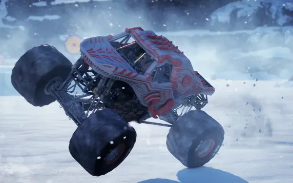 A dynamic HD desktop wallpaper featuring a monster truck performing a stunt in the video game Monster Jam Showdown, surrounded by a snowy landscape.