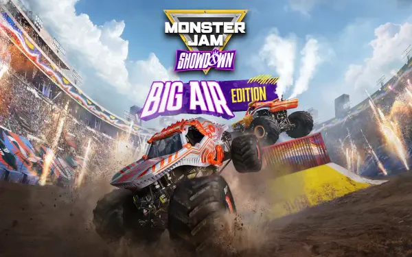 High-definition wallpaper featuring intense action from Monster Jam Showdown: Big Air Edition, showcasing powerful monster trucks performing daring jumps in a vibrant stadium setting.