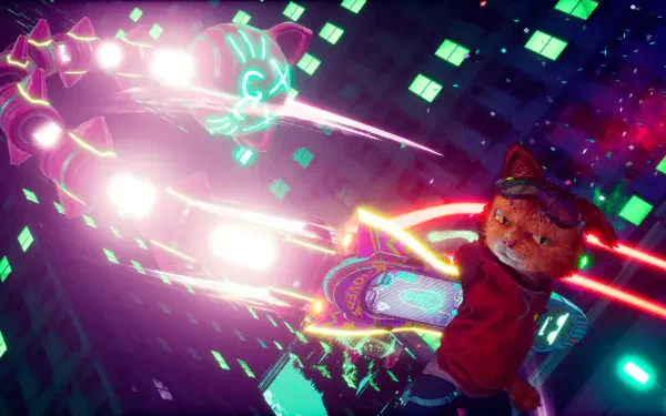 A vibrant HD desktop wallpaper from the video game *Gori: Cuddly Carnage*, featuring an action-packed scene with a cartoon cat amidst neon lights and dynamic energy.