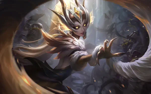 A vibrant HD desktop wallpaper featuring Zyra from League of Legends, capturing her enchanting presence in a stunning video game backdrop.