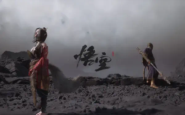 4K Ultra HD Black Myth: Wukong PC desktop wallpaper featuring two characters standing on a rocky, barren landscape under a cloudy, ominous sky.