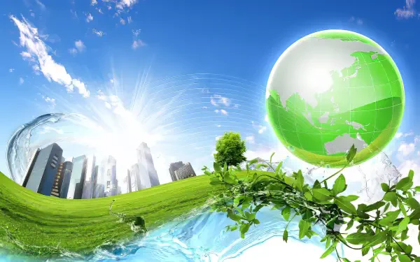 A vibrant HD PC desktop wallpaper featuring a green globe, lush greenery, flowing water, and a city skyline under a bright blue sky, showcasing a harmonious blend of nature and urban life.