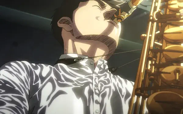 A dynamic HD wallpaper featuring an anime character from Blue Giant, passionately playing a saxophone, capturing the intensity of jazz music.