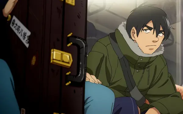 HD PC desktop wallpaper featuring an anime-style character from Blue Giant wearing a green jacket, sitting near a suitcase with a cloudy sky background.