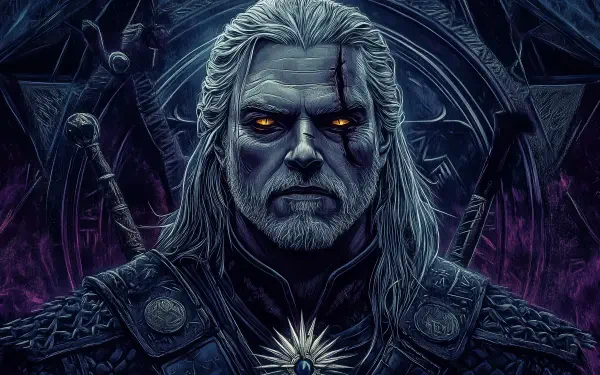 A dark HD wallpaper featuring Geralt of Rivia from the video game The Witcher, showcasing the character's intense presence and the game's atmospheric design.