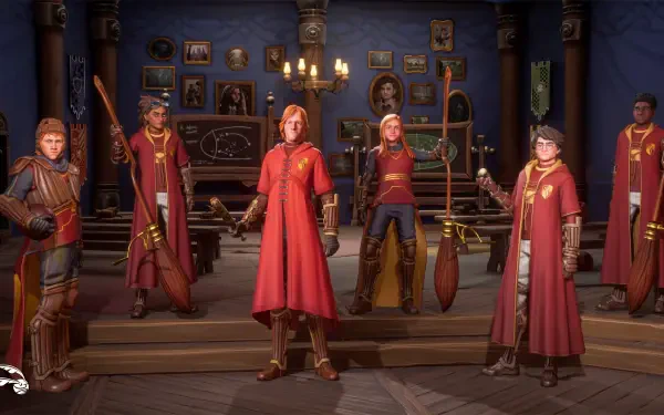 A dynamic HD wallpaper from *Harry Potter: Quidditch Champions*, featuring a team of characters in red robes, ready for action in an enchanting setting filled with magical memorabilia.