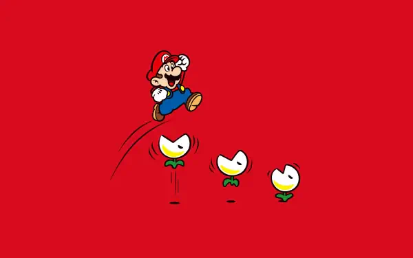 Super Mario jumps over three white Piranha Plants against a solid red backdrop — 4K Ultra HD PC desktop wallpaper/background.