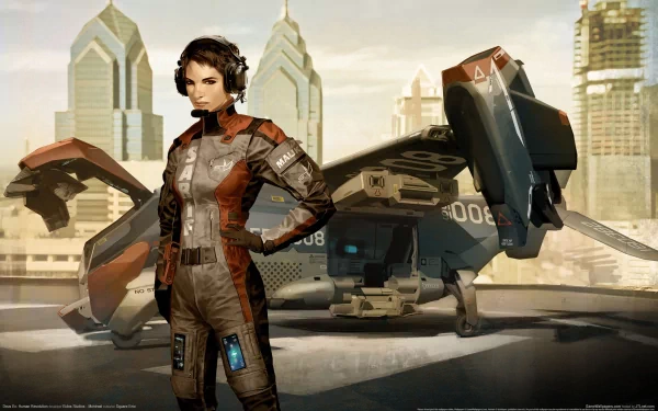 A futuristic scene featuring Feridah Malik in sleek headphones, standing confidently beside a spaceship, inspired by the video game Deus Ex: Human Revolution. Houston skyline in the background.