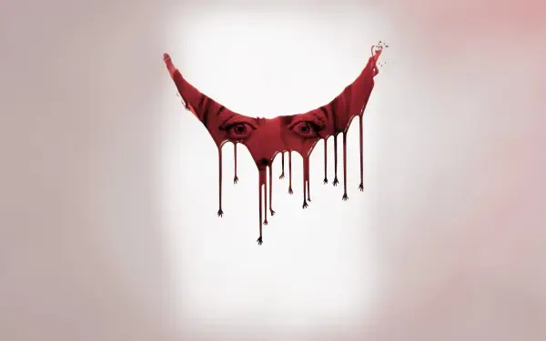 Smile 2 - ominous red crescent smile with dripping paint and hidden eyes, centered on a pale background. 4K Ultra HD PC Desktop Wallpaper and Background