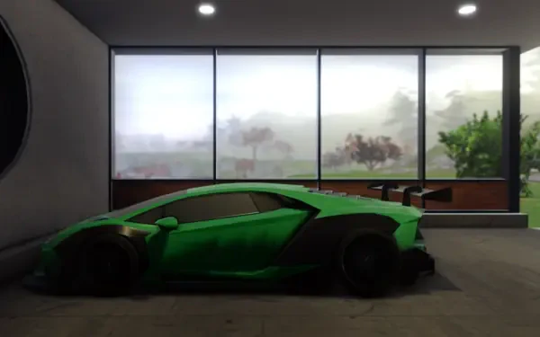 A sleek green sports car is parked indoors, visible through large windows with a serene outdoor landscape, showcasing vibrant visuals from the video game Roblox. HD PC desktop wallpaper background.