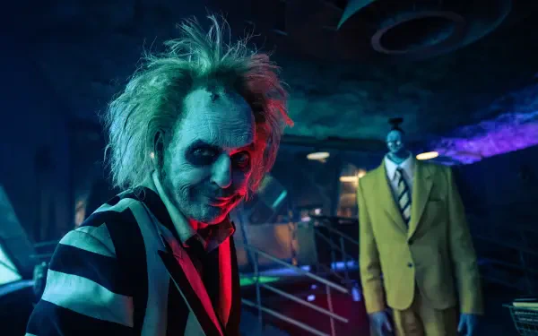 Beetlejuice movie wallpaper featuring Michael Keaton in vibrant 8K Ultra HD, capturing the film's unique style and supernatural essence.