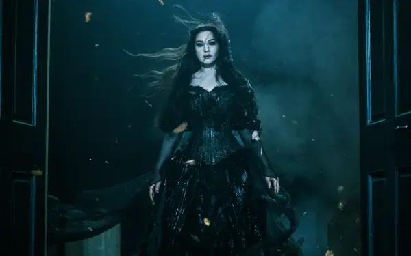 A striking 4K Ultra HD wallpaper featuring Monica Bellucci in a dramatic, dark setting, evoking themes from the movie Beetlejuice with an eerie atmosphere.