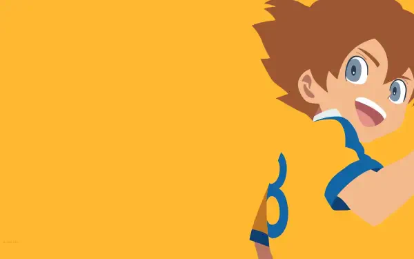4K Ultra HD Inazuma Eleven desktop wallpaper featuring a close-up of a cheerful character with spiky hair and a blue-accented sports jersey on an orange background.