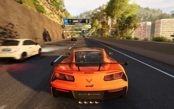 A vibrant HD wallpaper from the video game Test Drive Unlimited Solar Crown, featuring a dynamic scene with a sleek orange sports car navigating a winding road.