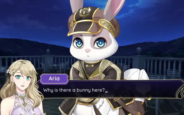 A scene from the video game Celestia: Chain of Fate, featuring Aria, a character in an elegant outfit, puzzled by a bunny in a military-style costume against a twilight backdrop.