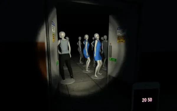 A dark scene from the video game Mannequin (2024) featuring multiple mannequins in blue dresses standing in a dimly lit hallway, creating an eerie atmosphere for a HD PC wallpaper.