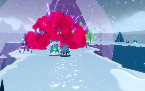 A vibrant 4K Ultra HD wallpaper from the video game Wild Bastards, showcasing colorful explosions and characters navigating a snowy landscape.