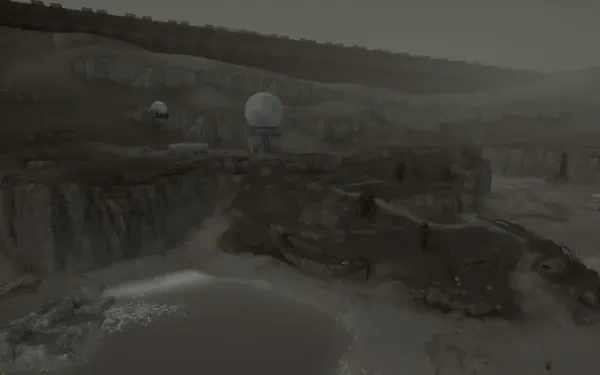 A desolate landscape from the video game Hollowbody, featuring rugged cliffs and distant structures, captured in high-definition, serving as an atmospheric PC desktop wallpaper.