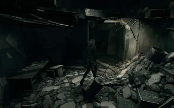 A dark, atmospheric scene from the video game Hollowbody, featuring a solitary figure amidst rubble and debris, creating a moody HD PC desktop wallpaper.