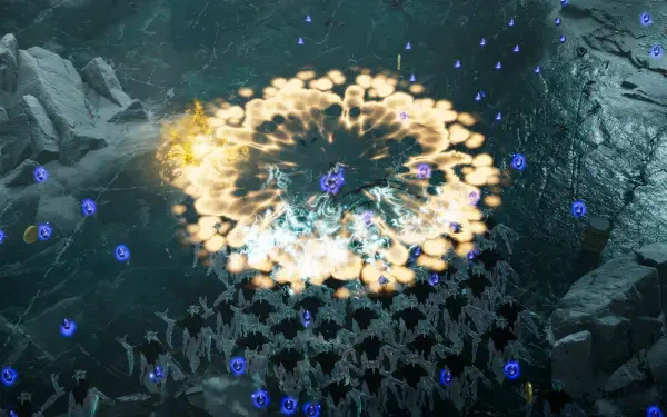 Dynamic HD wallpaper from the video game Jotunnslayer: Hordes of Hel, featuring a vibrant explosion amidst a sea of enemies, capturing the action-packed essence of the game.