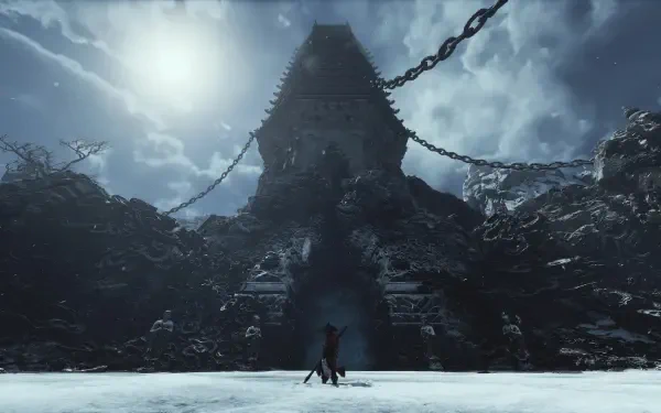 A dramatic scene from the video game Black Myth: Wukong, featuring a lone character standing before a massive, chain-bound temple under a bright sky. 4K Ultra HD quality backdrop.