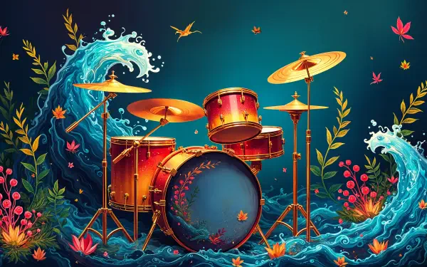 A vibrant drum set surrounded by colorful waves and flowers, set against a rich blue background. This image serves as a stunning 4K Ultra HD PC desktop wallpaper.