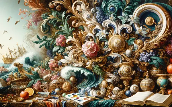 A vibrant 4K Ultra HD PC desktop wallpaper featuring intricate floral designs, seashells, fruits, and a ship in the background, creating a rich and dynamic visual experience.
