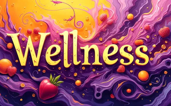 A vibrant 4K Ultra HD desktop wallpaper featuring the word Wellness surrounded by colorful abstract designs, fruits, and playful elements, emphasizing health and vitality.